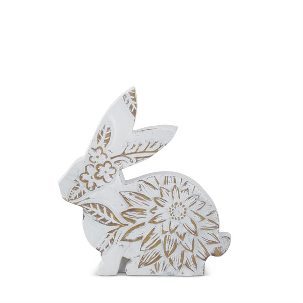 Resin Sitting White Washed Floral Carved Bunny - 6.5 inch