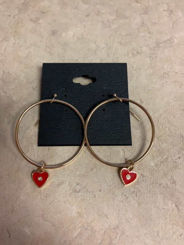 Gold Hoop Mini Heart Earrings - Red