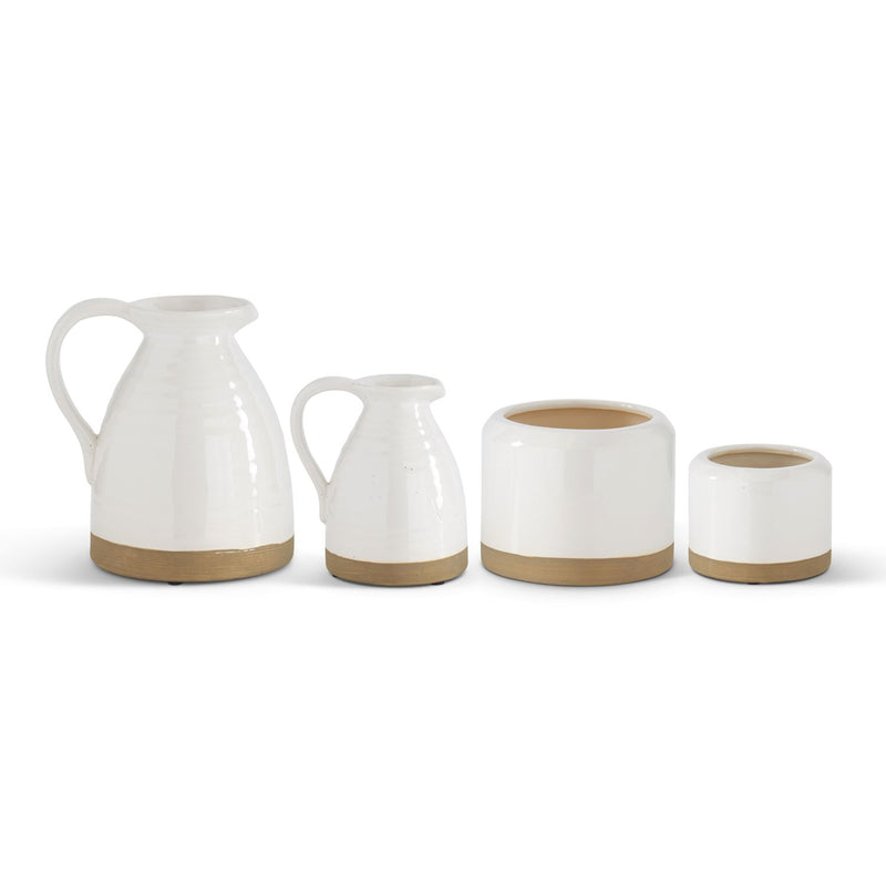 Large White Ribbed Ceramic Pitcher with Grey Base