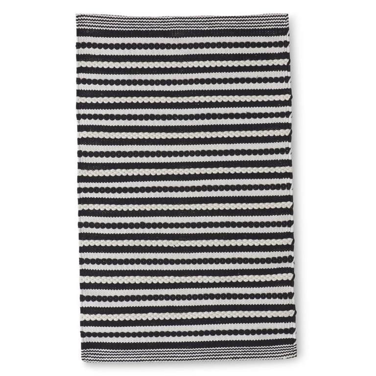 Black & White Cotton Striped Handwoven Rug with Fringe