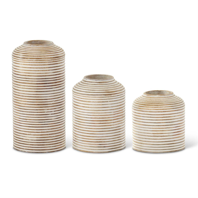 White Washed Wood Carved Stripe Vase - Small