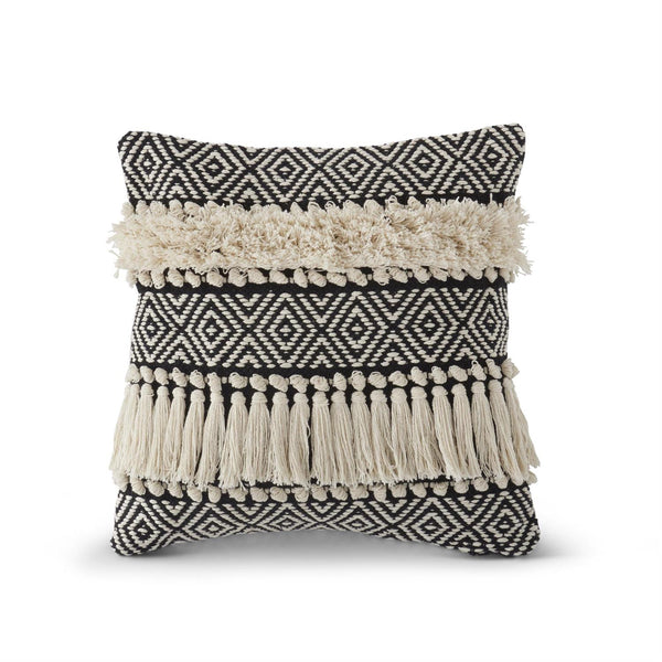 Black White & Tan Loom Woven Pillow with Tassels - 20inch