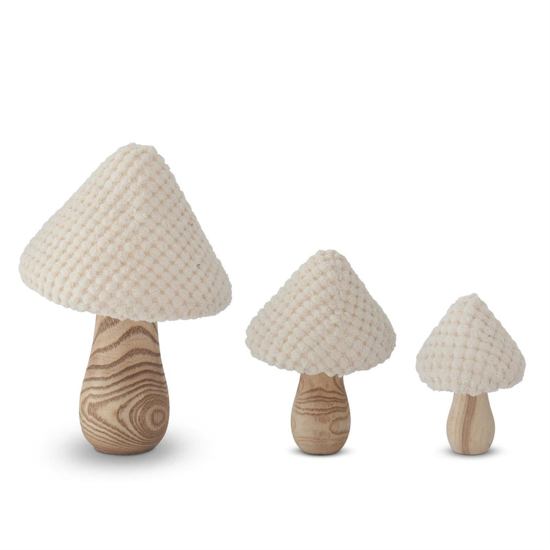 Set of 3 Cream Fabric & Wood Mushrooms