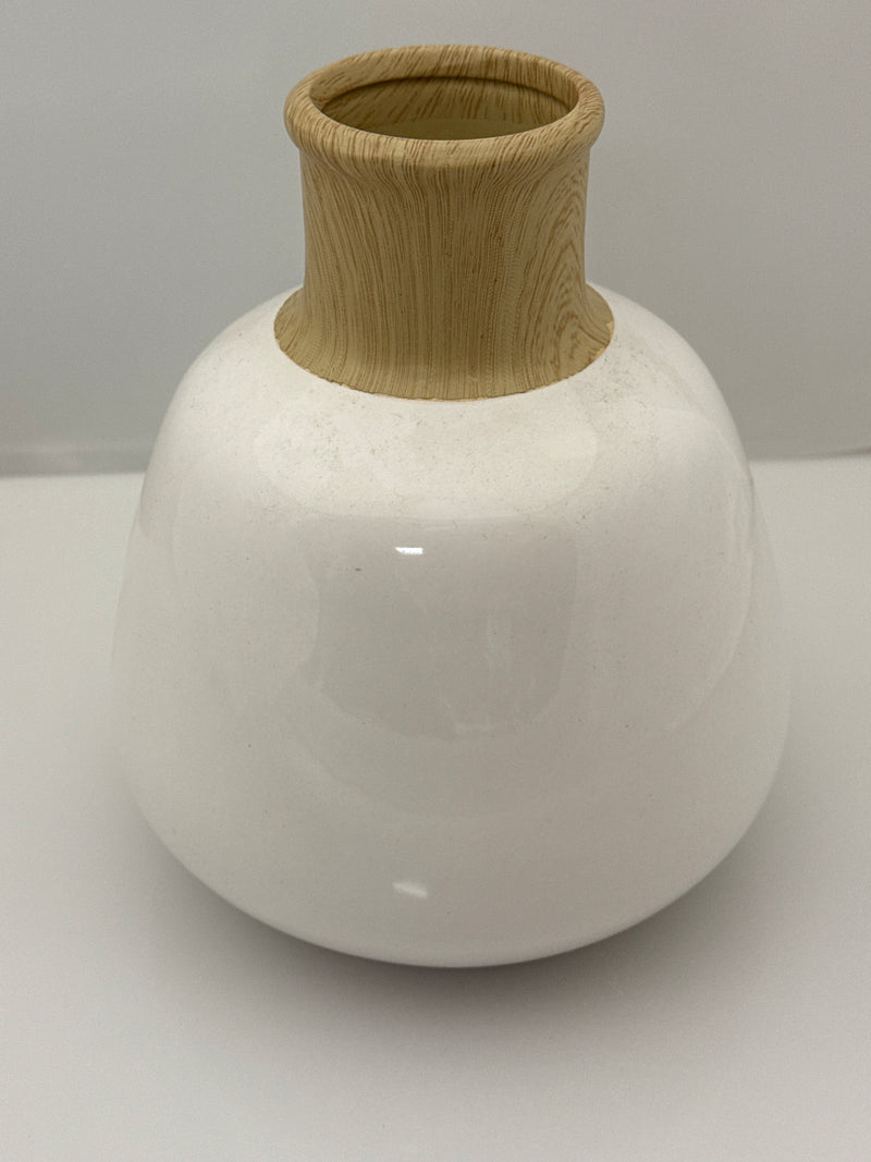 White Stoneware Vase with Wood Decal Base - 7.5 Inches