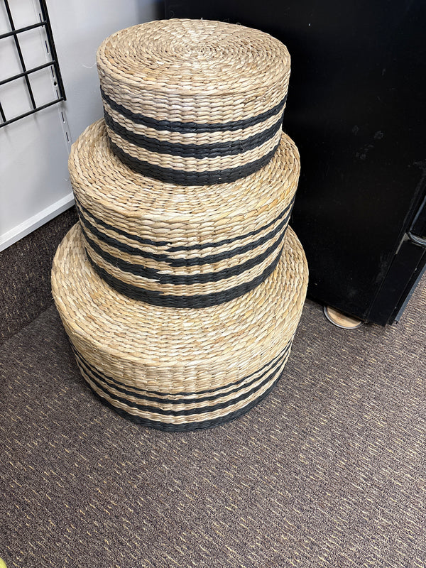 Round Rattan Grass Stools with 3 Black Stripes - Small