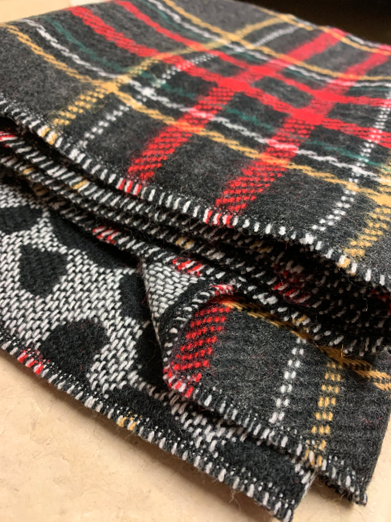 About Face Reversible Oblong Scarf Black Red Plaid and Grey Leopard