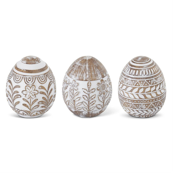 Whitewashed Floral Carved Resin Easter Egg - 4 inch -