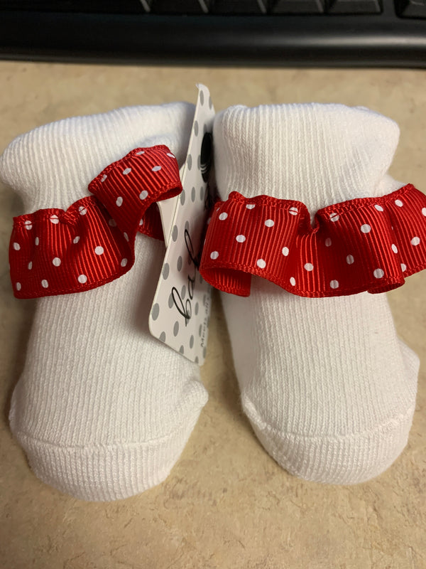 White Socks Red Trim and Dots  -  0 -12 Month