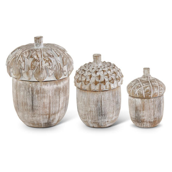 White Washed Resin Acorn Lidded Containers - Set of 3