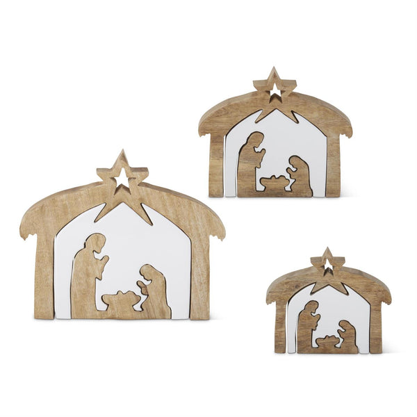 Wood Nativity with White Enameled Center Cutouts - Small