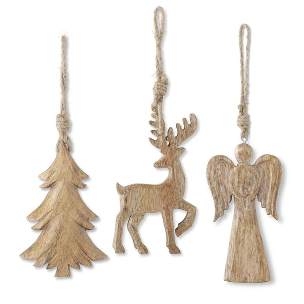 Mango Wood Holiday Ornaments with Jute Hanger - Tree