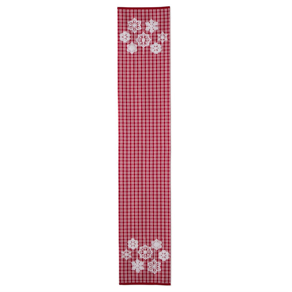 Red and White Plaid Table Runner with Embroidered Snowflakes