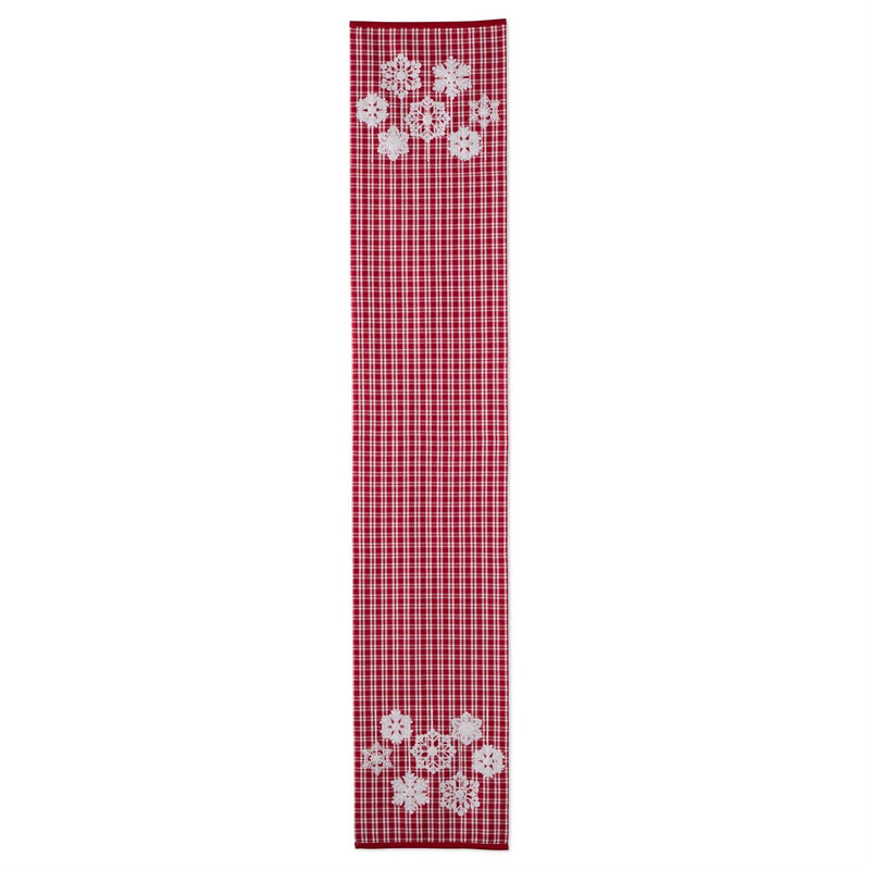 Red and White Plaid Table Runner with Embroidered Snowflakes