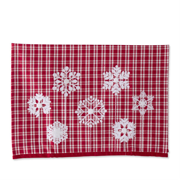 Red and White Plaid Towel with Embroidered Snowflakes