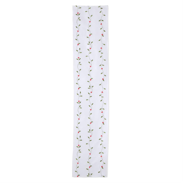 White Table Runner with Embroidered Holly & Red Berries