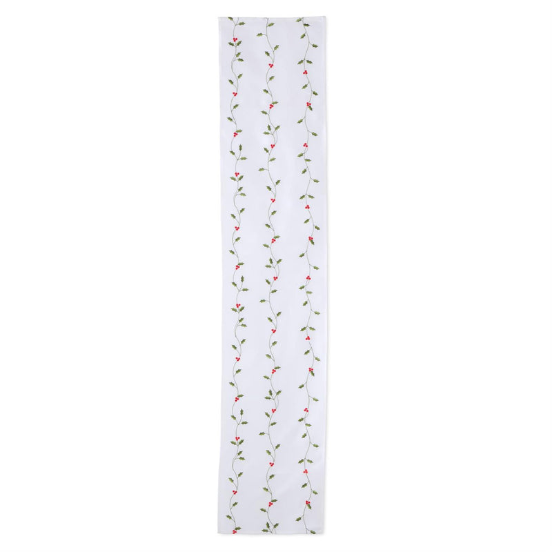 White Table Runner with Embroidered Holly & Red Berries