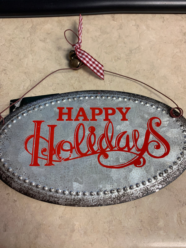 Galvanized Metal Christmas Message Ornaments with Ribbons - Happy Holidays