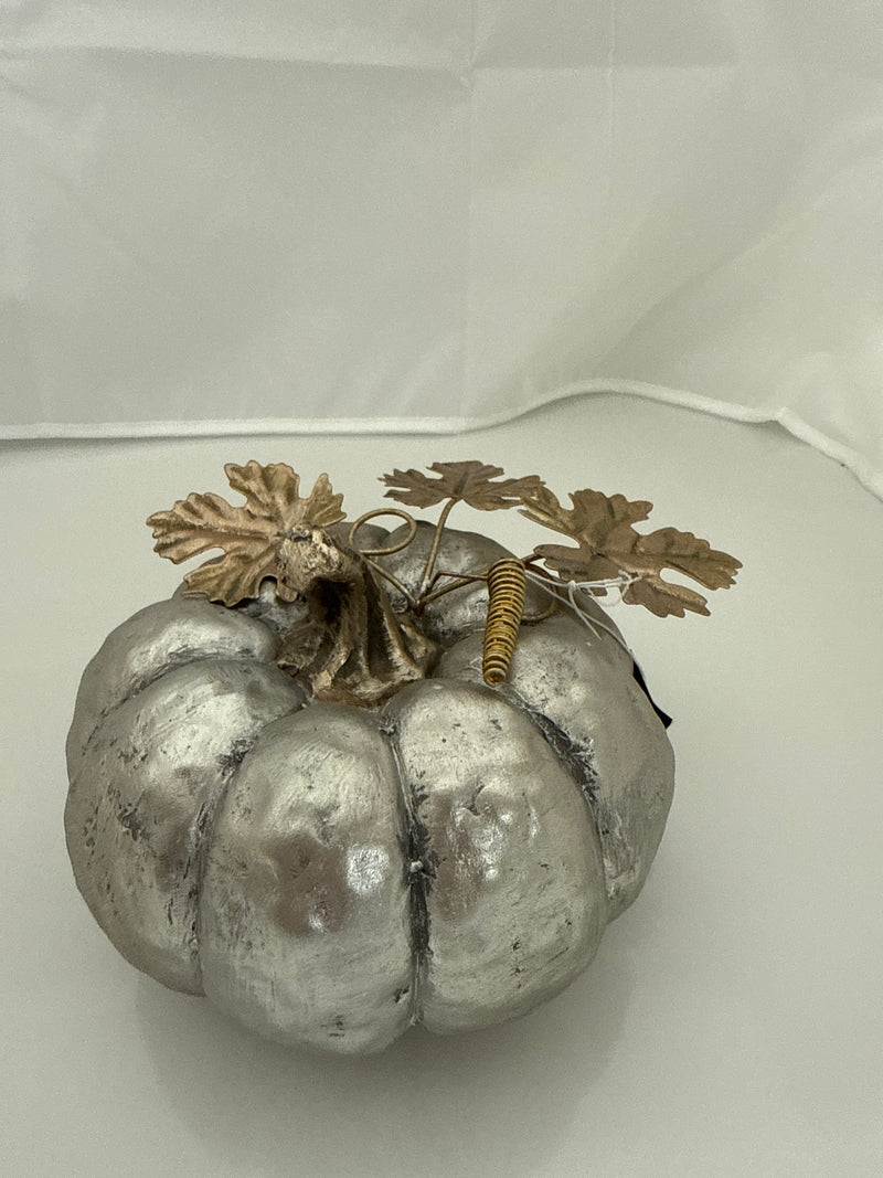 Silver Resin Pumpkin w/ Metal Leaves- 4.25inch