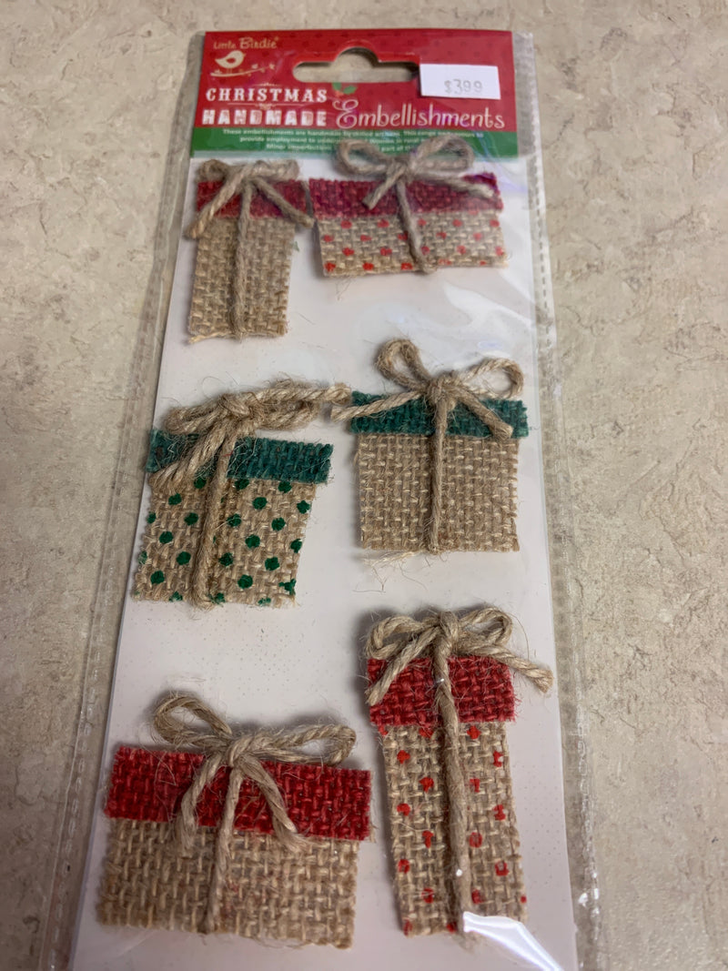 Christmas Burlap Present Handmade Stickers - 6 count