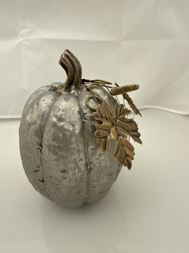Silver Resin Pumpkin w/ Metal Leaves- 7.25inch