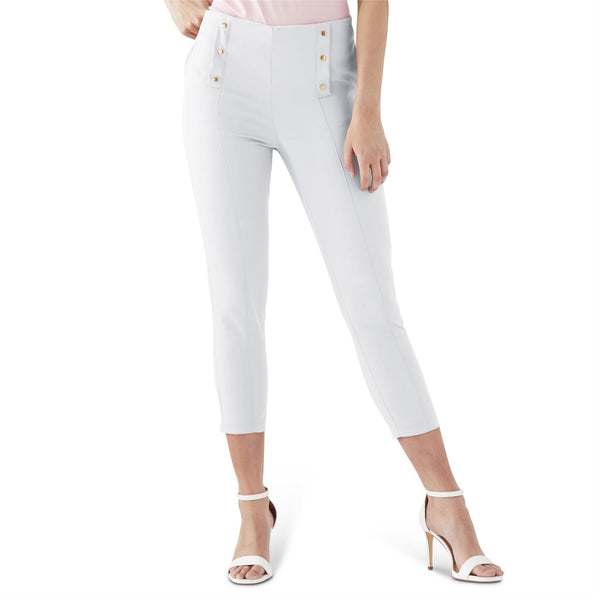 White Button Front Capri Stretch Leggings - Medium