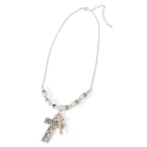 Silver & Gold Beaded Cross Charm Necklace
