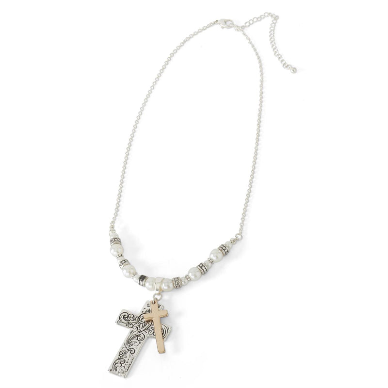 Silver & Gold Beaded Cross Charm Necklace