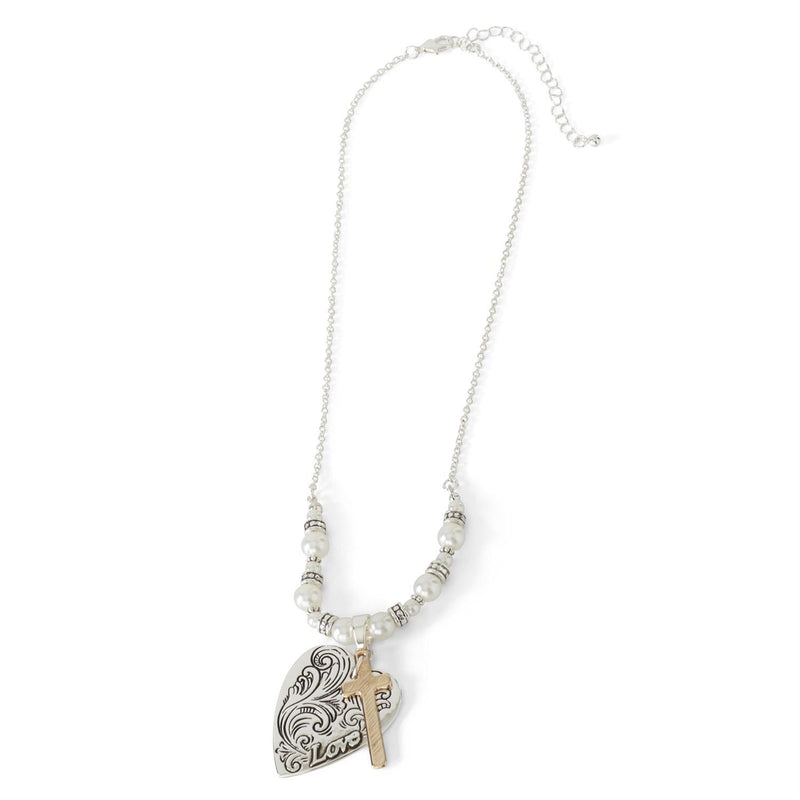 Silver & Gold Beaded Heart & Gold Cross Charm Necklace