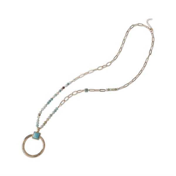 Square Green Turquoise Stone on Gold Circle Necklace