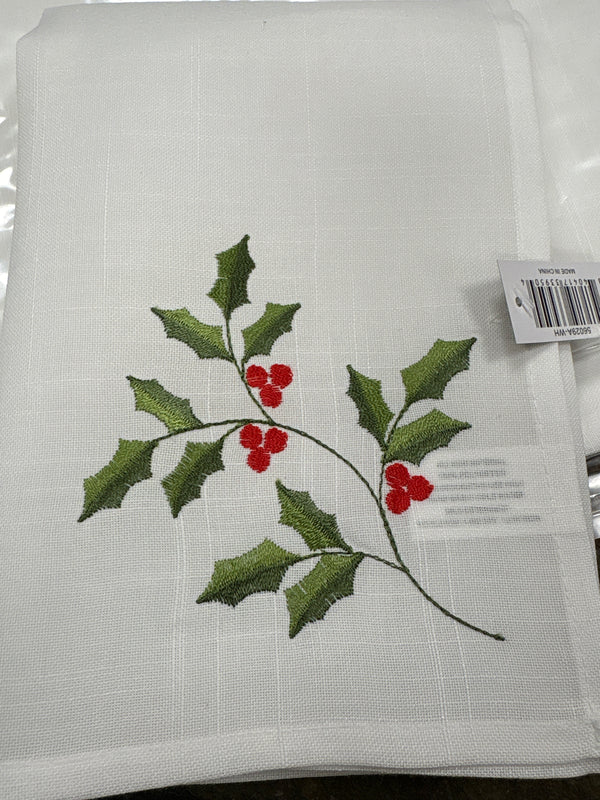 White Napkin Embroidered Holly & Red Berries