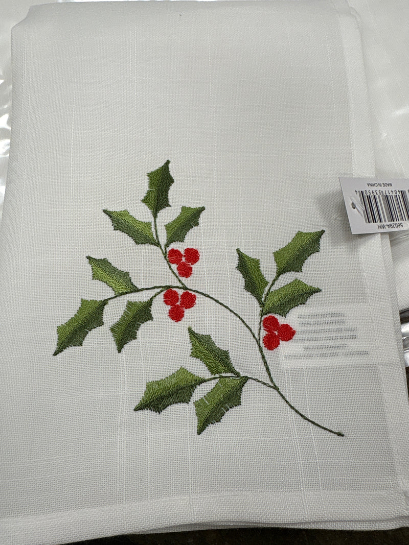 White Napkin Embroidered Holly & Red Berries