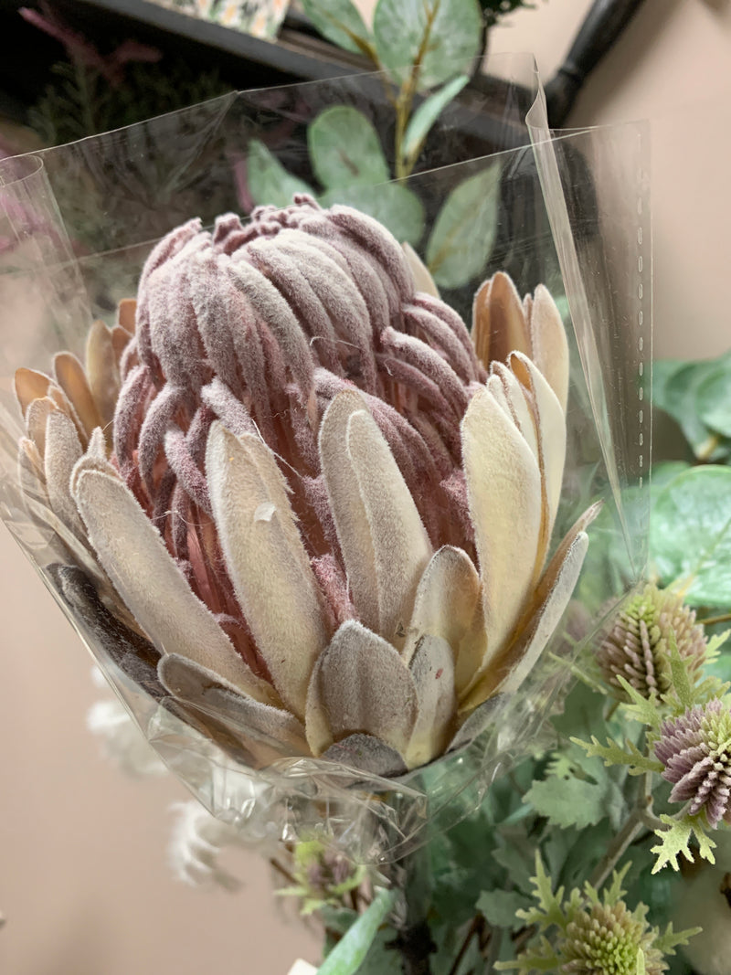 Flocked Cream King Protea Stem - 26 inch