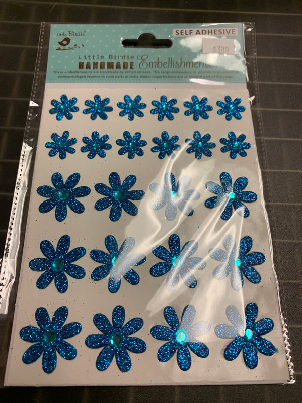 Blue Glittered Flowers - Self Adhesive - 24 Count