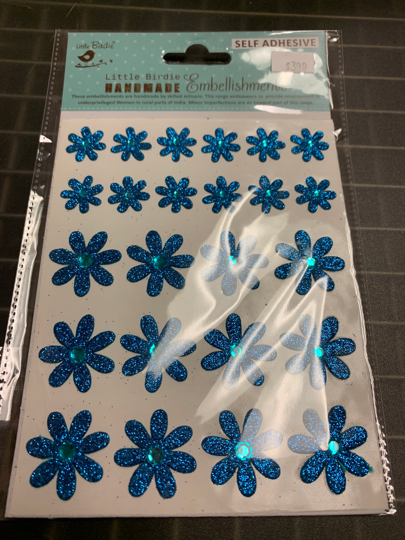 Blue Glittered Flowers - Self Adhesive - 24 Count