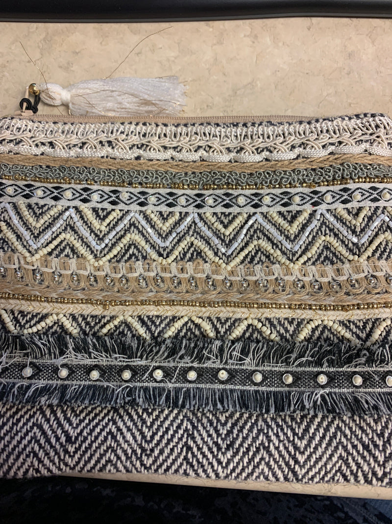 Grey Beige Aztec Cotton Cosmetic Bag