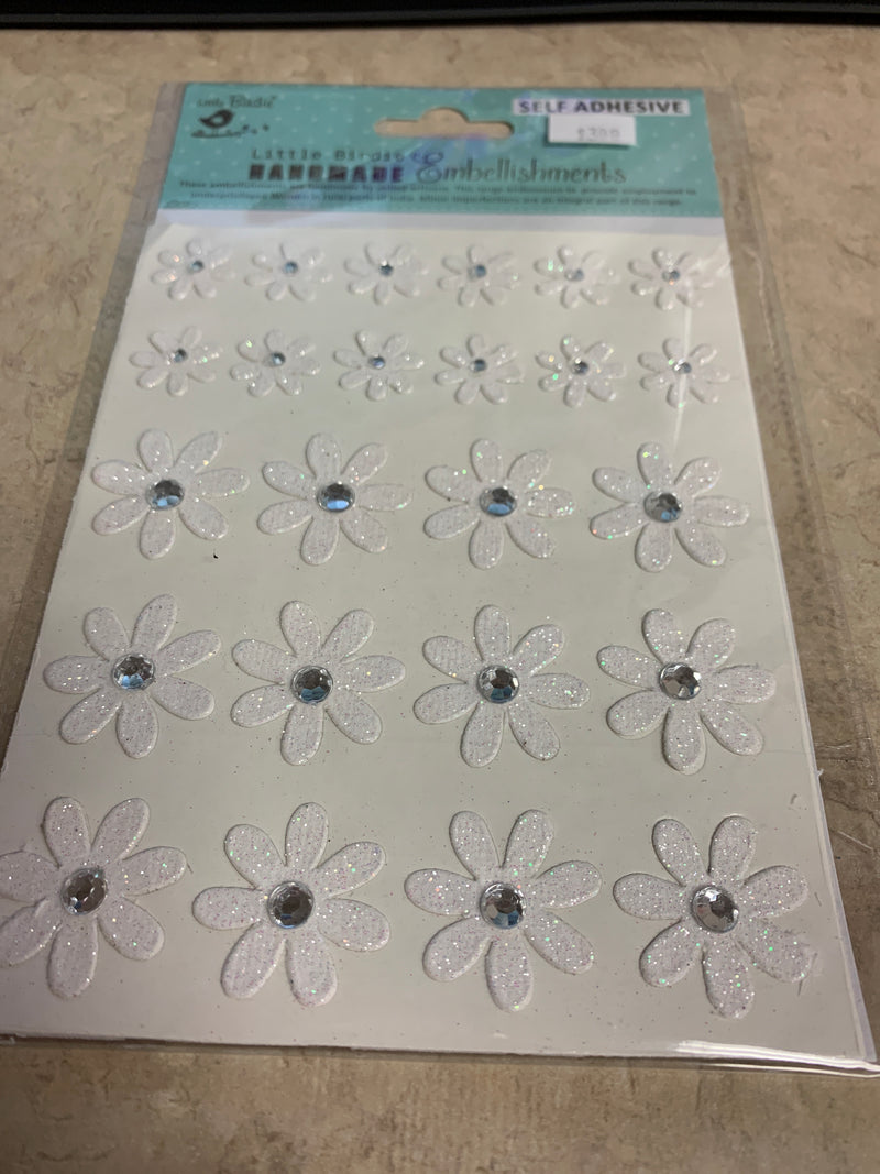 White Glittered Flowers With Jewels - 24 Pieces