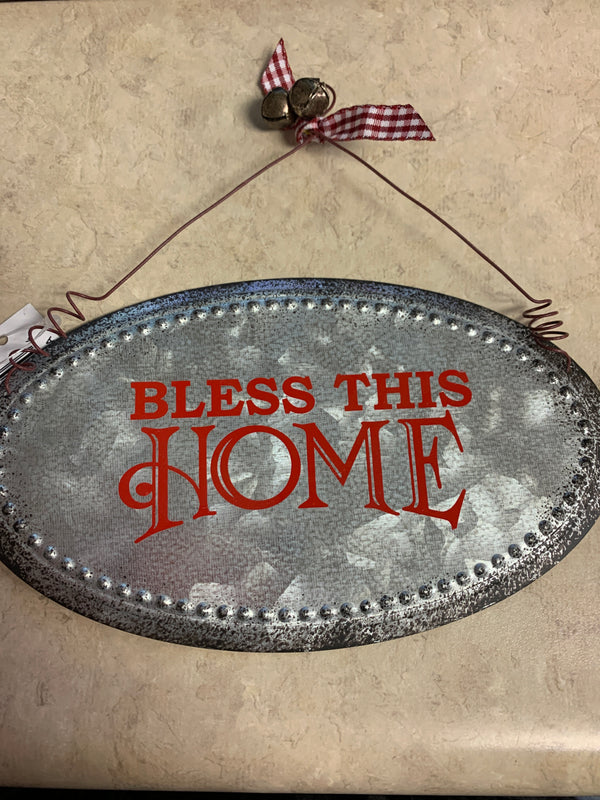 Galvanized Metal Christmas Message Ornaments with Ribbons - Bless this Home
