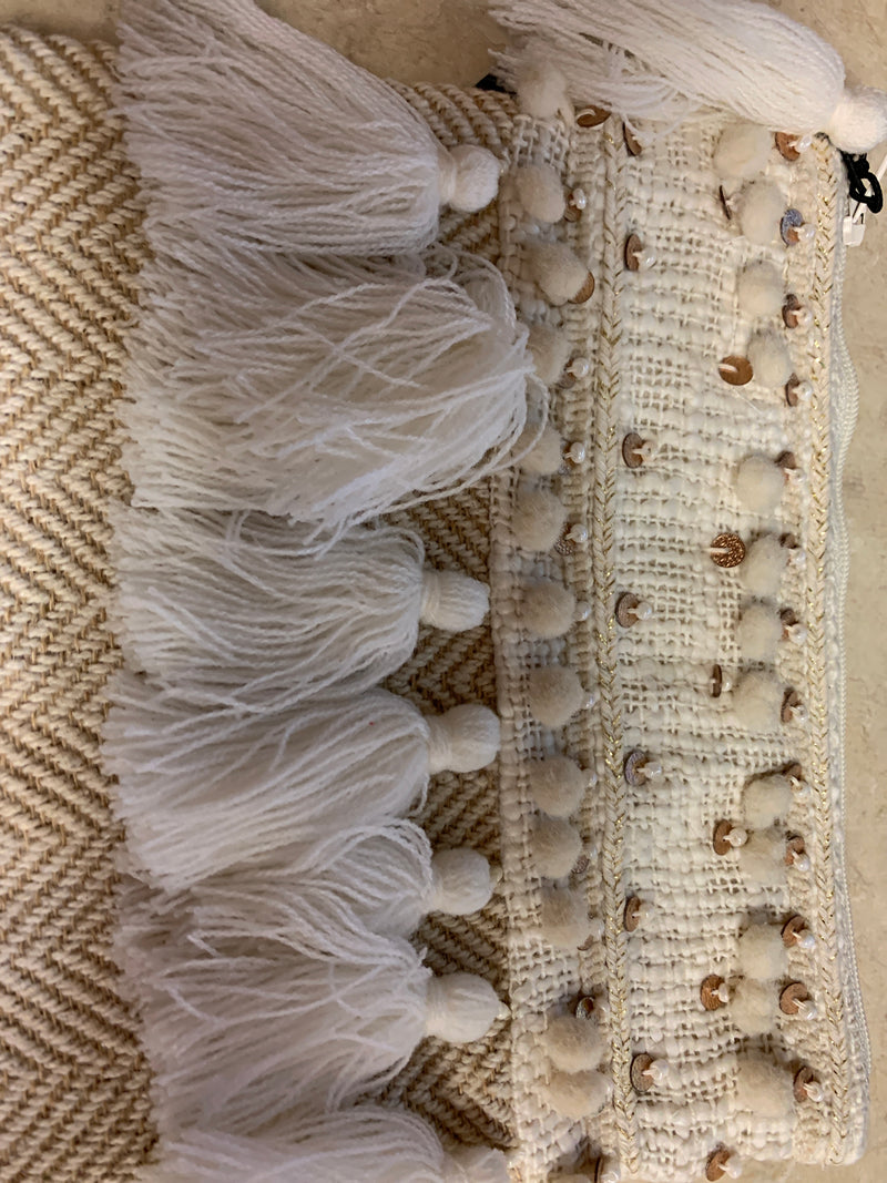 White Beige Fringe Woven Cosmetic Bag