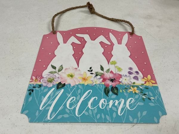 Welcome Bunnies Metal Sign