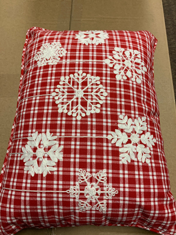 Red and White Plaid Cotton Lumbar Pillow with Embroidered Snowflakes
