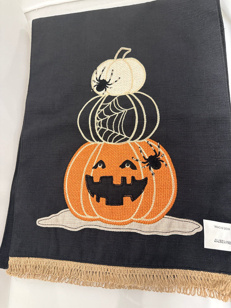 Black Halloween Jack O Lantern Stitched Hand Table Runner - 27inch