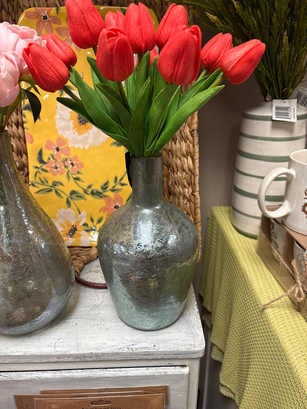 Antique Light Green Matte Glass Bottle Vase - 10 Inch