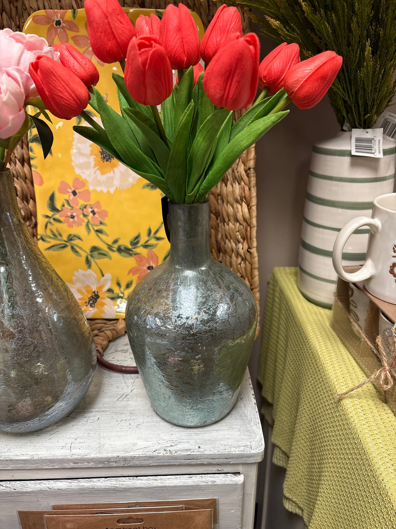 Antique Light Green Matte Glass Bottle Vase - 10 Inch