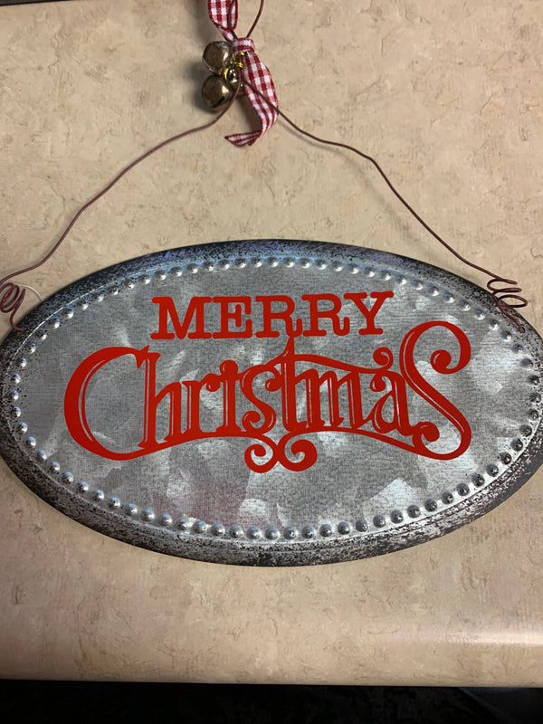 Galvanized Metal Christmas Message Ornaments with Ribbons - Merry Christmas