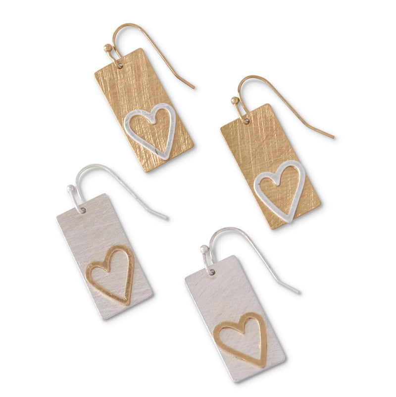 Silver Bar Earrings with Gold Hearts - each
