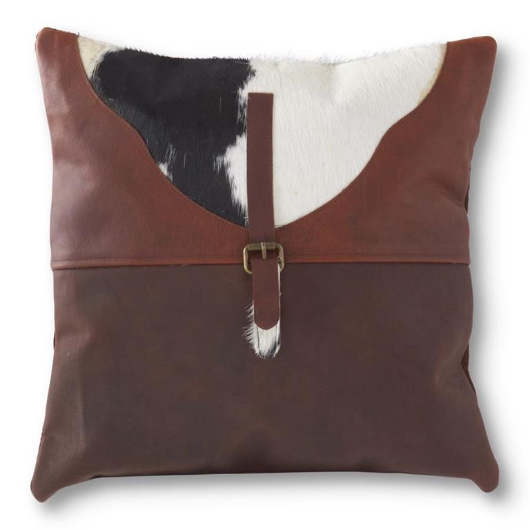 Square Black & White Hide Pillow with Brown Leather Patch & Buckle