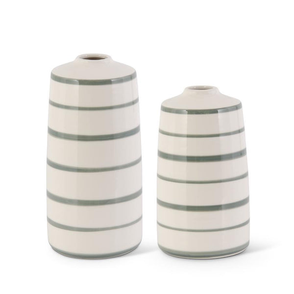 Ceramic Cream and Sage Set with Green Stripes- Set of 2