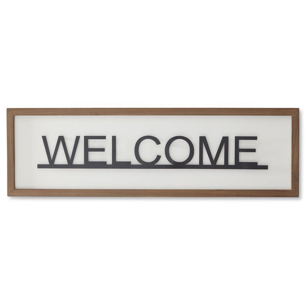 White Wood With Black Raised Metal Welcome Sign