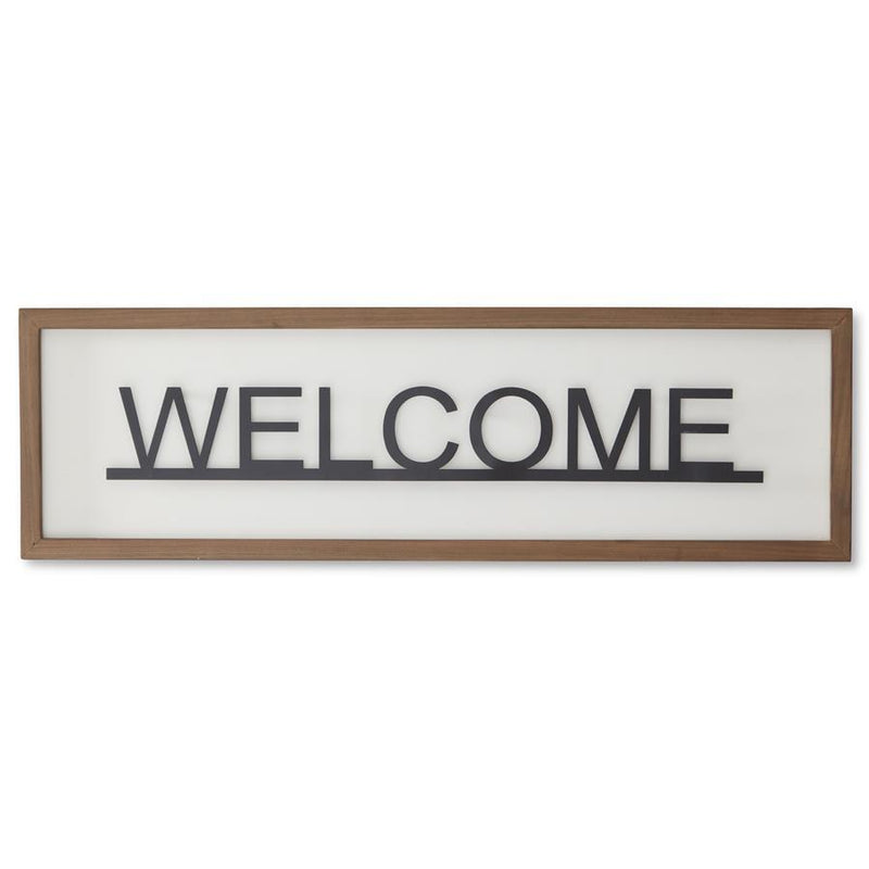 White Wood With Black Raised Metal Welcome Sign