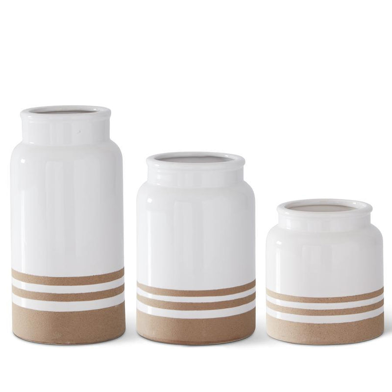 Medium White and Tan Stripes Ceramic Vase - 8.75 Inch